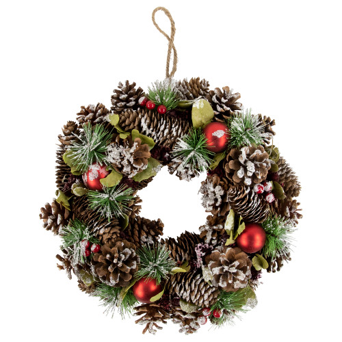 Frosted Pinecones, Ball Ornaments and Pine Needles Small Artificial Christmas Wreath - 13.5" - Unlit