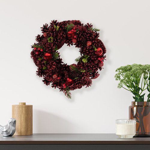 13.5" Red Unlit Glittered Pinecones, Berries and Ornaments Christmas Wreath