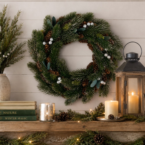14" Unlit Glittered Pine, Berries and Pinecones Small Artificial Christmas Wreath