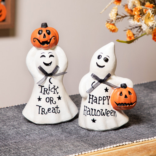 Ghosts with Jack-O-Lanterns "Happy Halloween" and "Trick or Treat" Figurines - 7.75" - Set of 2