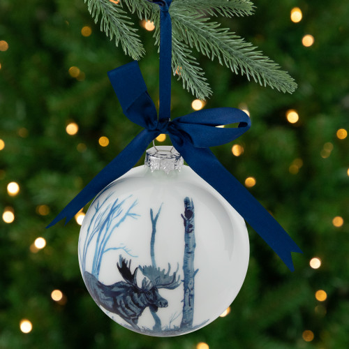 Moose Glass Christmas Ball Ornament - 4" - White and Blue