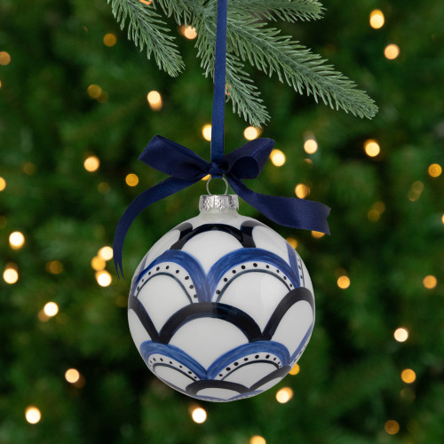 Scallop Glass Christmas Ball Ornament - 4" - White and Blue