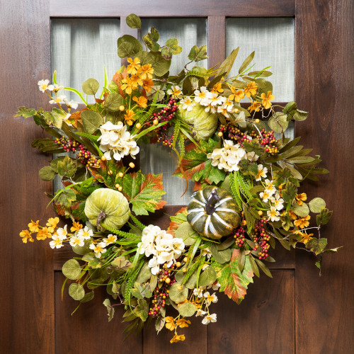 Velvet Pumpkins, Hydrangeas and Maple Leaves Artificial Fall Harvest Wreath - 24"