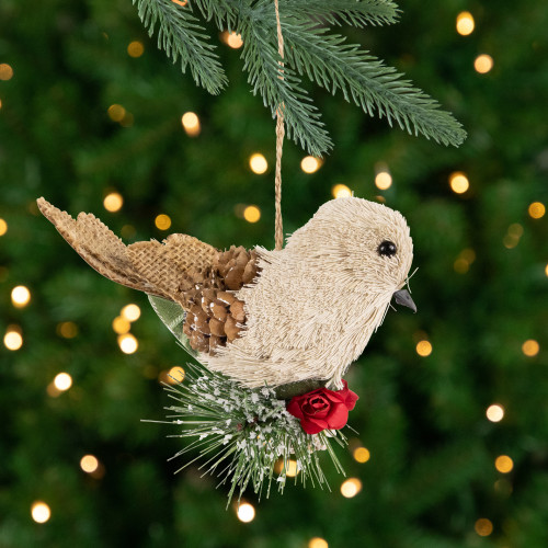 Front Facing Bird on Frosted Pine Needle Christmas Ornament - 6.75"