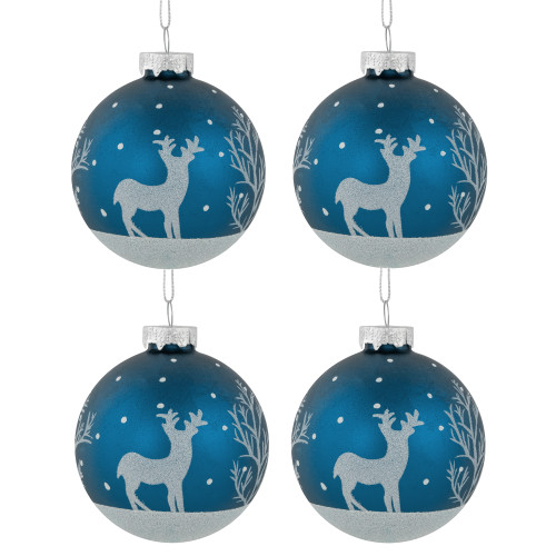 Glitter Reindeer Glass Ball Christmas Ornaments - 3" - Blue - 4ct
