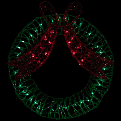 Lighted Wreath and Bow Christmas Window  Decoration - 22" - Green and Red