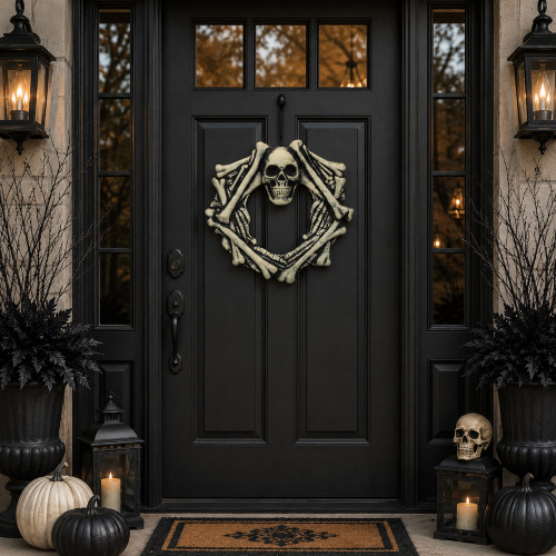 Skull Head and Bones Halloween Wreath - 18" - Unlit