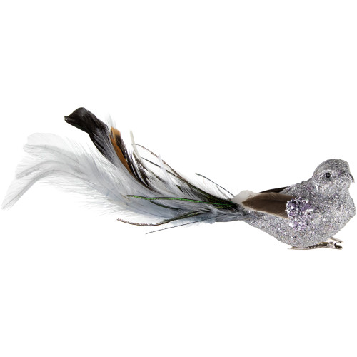 Glitter Bird with Clip and Feather Tail Christmas Ornament - 8" - Silver