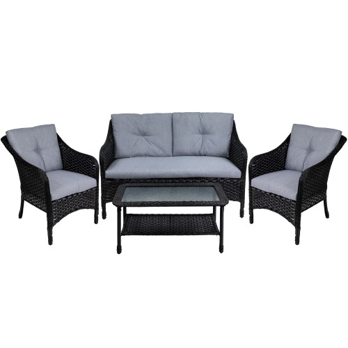 4-Piece Resin Wicker Deep Seated Patio Set with Cushions - Black and Gray