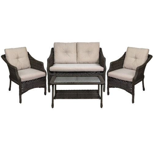 4pc Taupe Resin Wicker Deep Seated Patio Set with Beige Cushions