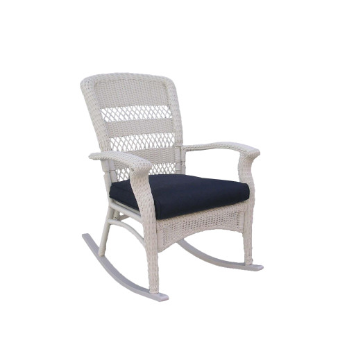 42" White Resin Wicker Rocker Chair with Blue Cushion