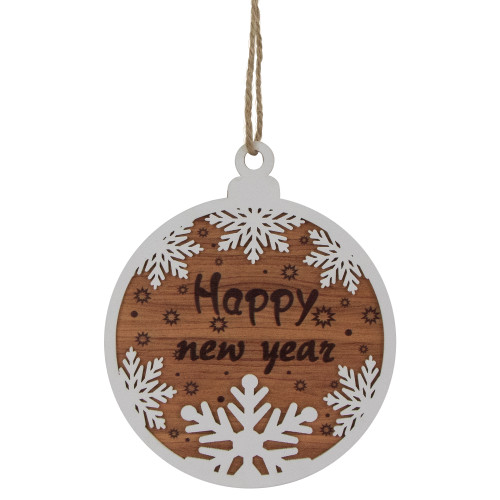 Wooden Snowflake "Happy New Year"  Christmas Ornament Disc - 7" - White and Brown