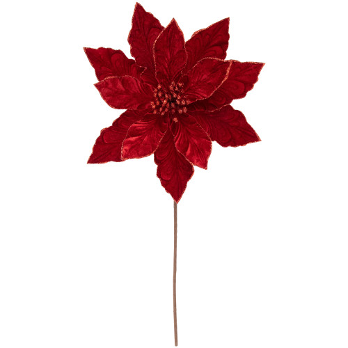 20" Red Glittered Velvet Poinsettia Christmas Stem Spray