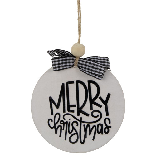 Wooden "Merry Christmas" Disc Ornament with Plaid Bow - 4" - White and Black