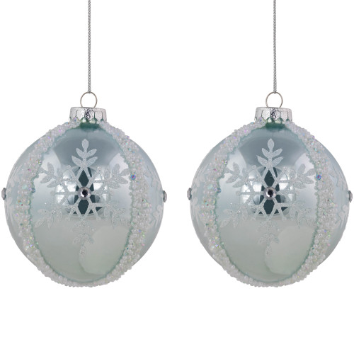 Glitter Snowflakes Beaded Christmas Glass Ball Ornaments - 4" - Ice Blue - Set of 2
