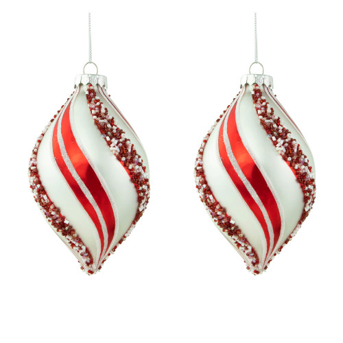 Set of 2 White and Red Glitter and Beads Striped Finial Glass Christmas Ornaments 5.5"