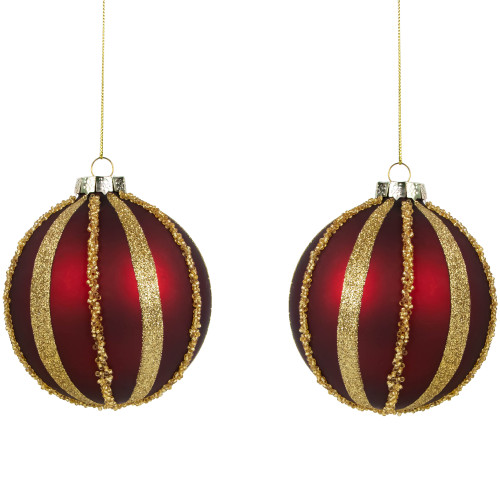 Beaded Stripes Christmas Glass Ball Ornaments - 4" - Burgundy and Gold - Set of 2