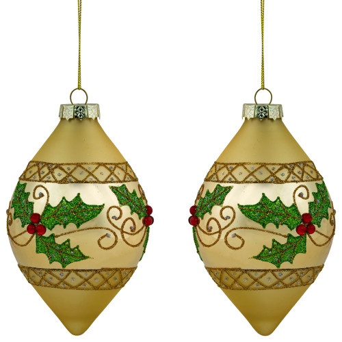 Set of 2 Golden Glitter Holly Finial Christmas Glass Ornaments 5"