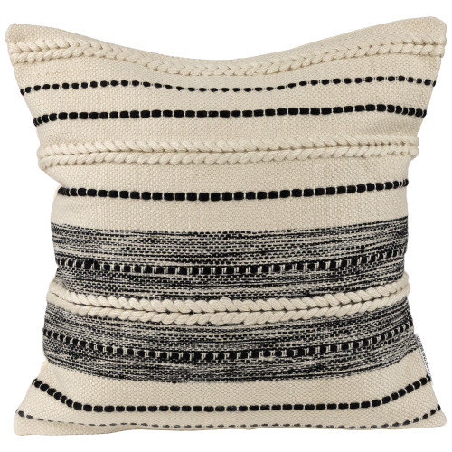 20" Cream and Black Twisted Textured Block Handloom Woven Outdoor Square Throw Pillow
