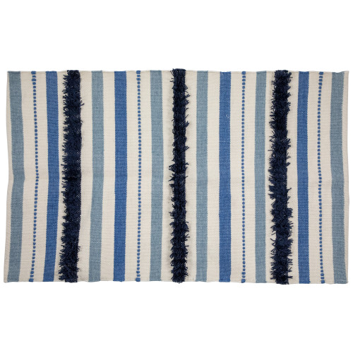 3.5' x 2.25' Blue, Cream and Black Striped Handloom Woven Outdoor Accent Throw Rug