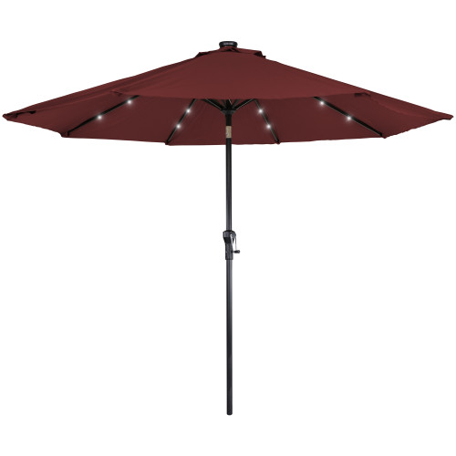 9ft Solar Lighted Outdoor Patio Market Umbrella with Hand Crank and Tilt, Burgundy
