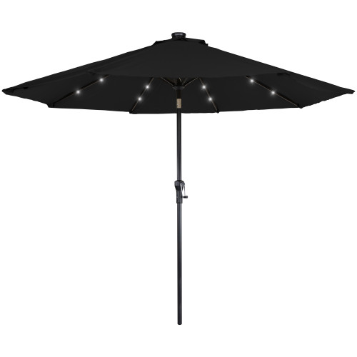 9ft Solar Lighted Outdoor Patio Market Umbrella with Hand Crank and Tilt, Black