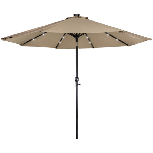 9ft Solar Lighted Outdoor Patio Market Umbrella with Hand Crank and Tilt, Taupe