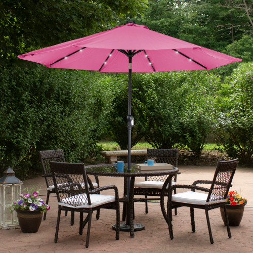 9ft Solar Lighted Outdoor Patio Market Umbrella with Hand Crank and Tilt, Pink