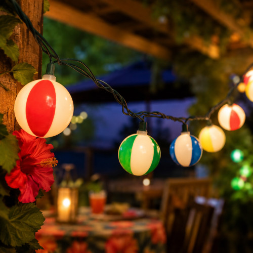 Beach Ball Indoor Outdoor Patio Light Set - Multicolor - 6' Green Wire - 10ct