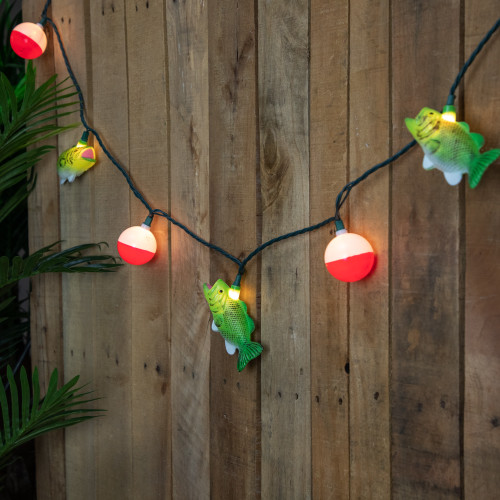 Bass Fish and Bobber Indoor Outdoor Patio Light Set - 6' Green Wire - 10ct