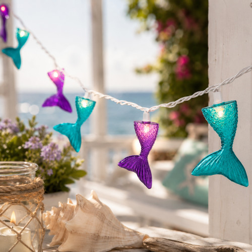 Mermaid Tails Indoor Outdoor Patio Light Set - Purple and Blue - 6' White Wire - 10ct