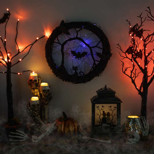 LED Lighted Black Twig and Bats Small Halloween Wreath - 13" - Purple Lights