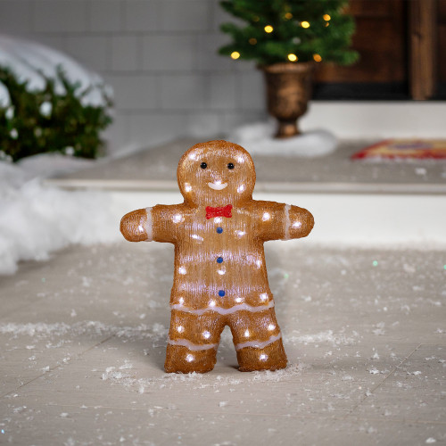 LED Lighted Acrylic Gingerbread Man with Bow Tie Outdoor Christmas Decoration - 16"