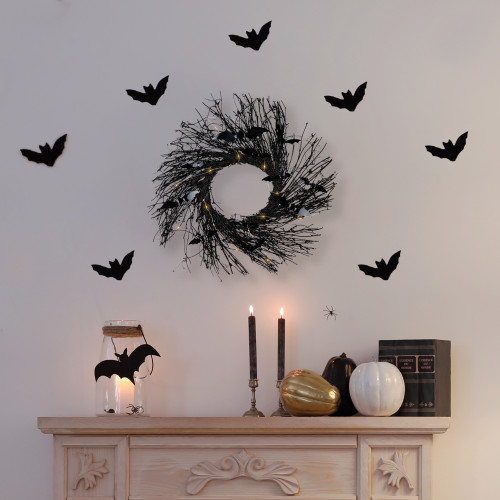 Lighted Halloween Twig Wreath with Bats - Warm White LED Lights - 22" - Black