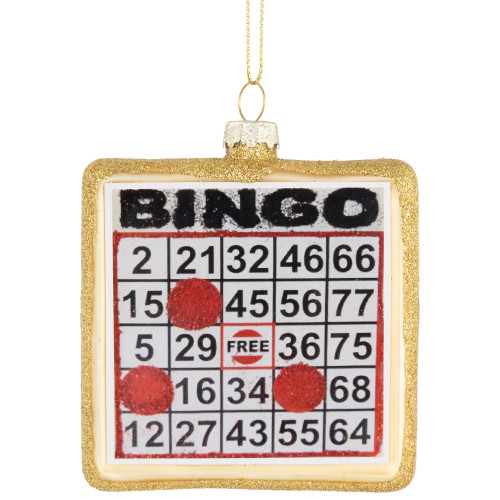 3.5" Golden Bingo Card Glittered Glass Christmas Hanging Ornament
