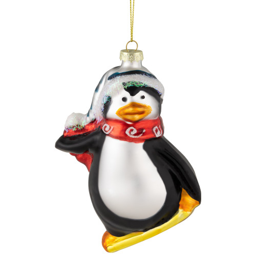 4.25" Black White and Red Snowboarding Penguin Glass Christmas Ornament