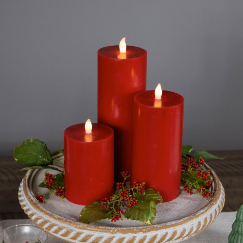 LED Flameless Flickering Wax Pillar Candles - 8" - Red - Set of 3