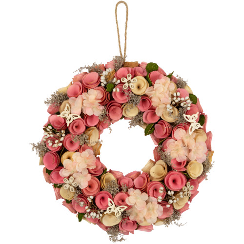 Wooden Artificial Floral and Berries Spring Wreath - 12.5" - Pink and Cream