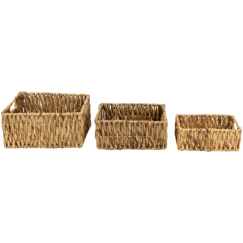 Set of 3 Brown Water Hyacinth Woven Storage Baskets With Built-in Handles 15.75"