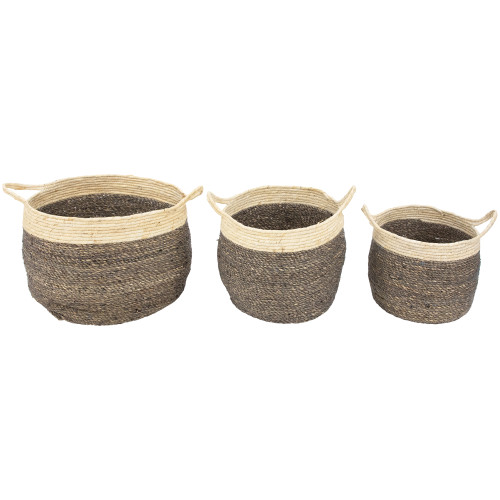 Set of 3 Beige and Brown Woven Seagrass Storage Baskets with Built-in Handles 13.25"