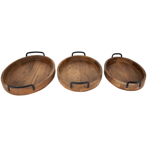 Acacia Wood Trays with Metal Handles - Set of 3 - 21.75"