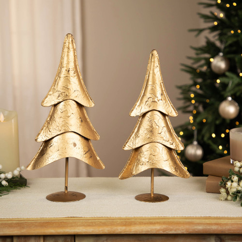 Antique-Style Trees with Pedestal Base Christmas Decorations - 14.5" - Gold - Set of 2