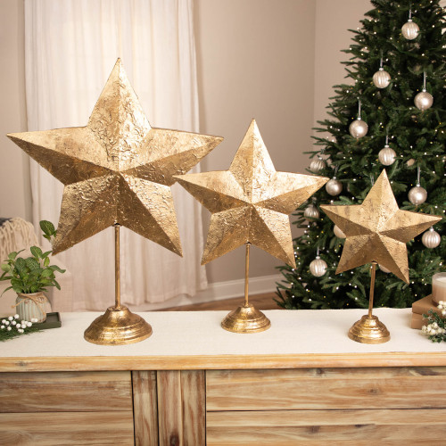 Antique-Style Stars with Pedestal Base Christmas Decorations - 23" - Gold - Set of 3
