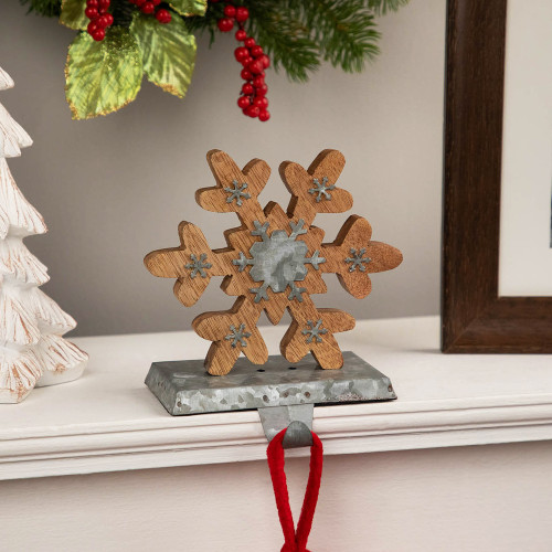 Mango Wood Snowflake with Steel Base Christmas Stocking Holder - 6" - Brown and Gray