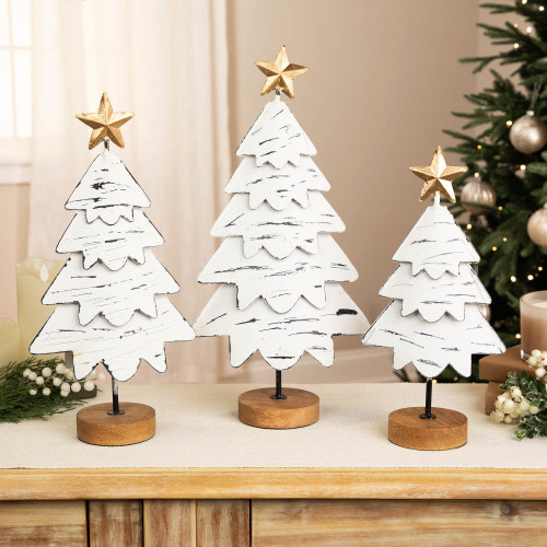 Cutout Waved Leaf Trees with Mango Wood Base Christmas Decorations - 19.5" - Set of 3