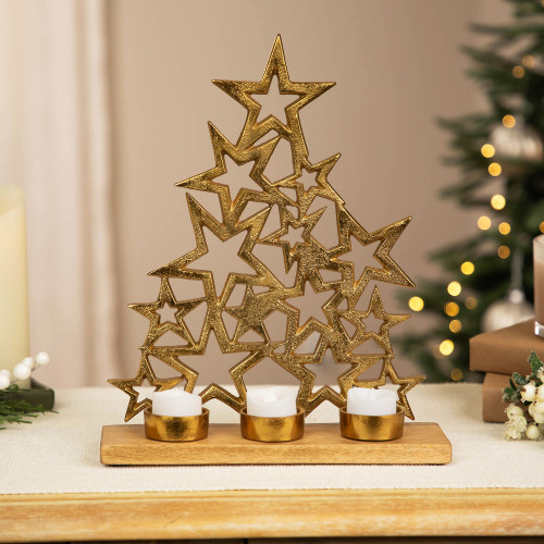 Star Christmas Tree Triple Tea Light Candle Holder with Mango Wood Base - 12"
