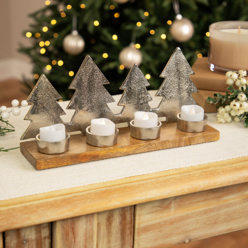 Pine Trees and Triple Tea Light Christmas Candle Holder - 12.25" - Nickel Finish