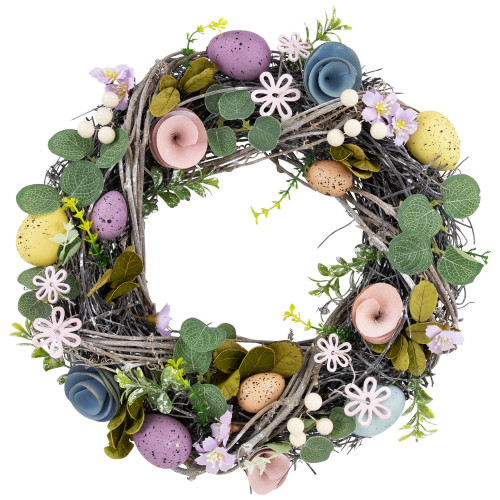 Speckled Eggs and Shaved Wood Flowers Small Artificial Easter Wreath - 13"