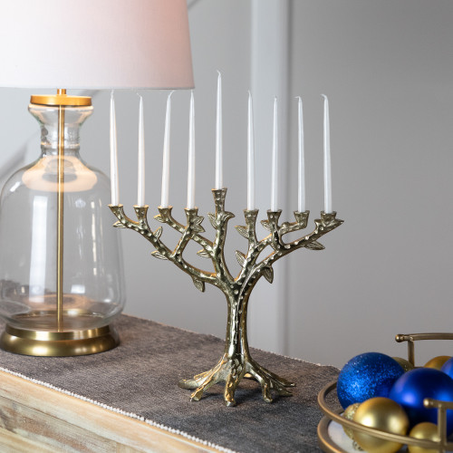 Tree Trunk-Shaped Brass Hanukkah Menorah - 11.5" - Gold Finish