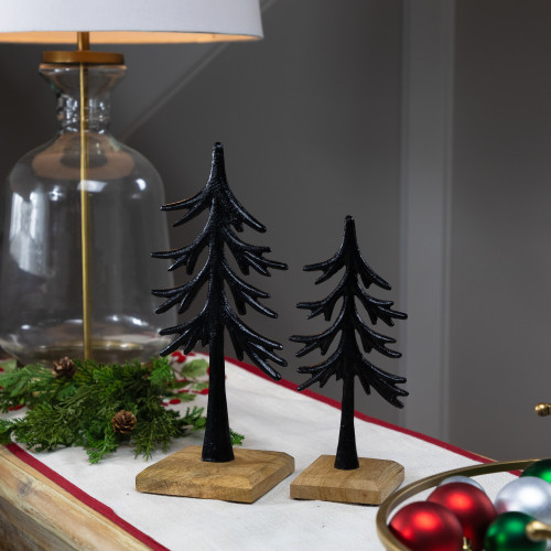 Metal Trees with Wood Base Christmas Decorations - 11" - Black - Set of 2